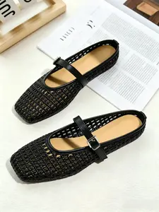 Women's Mary Jane Sandals, Large Size Braided Hollow Out Design, Breathable Mesh Upper, Adjustable Metal Buckle, Square Toe Flat Soft Sole, Casual Retro Style