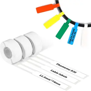 D30 Thermal  Label  Wire Cord Labels, (12.5mm X 74mm) 65 Labels/Roll, Tags Stickers  Resistant Flexible,  d30 Label Tape -Black on White Paper, 3 Roll