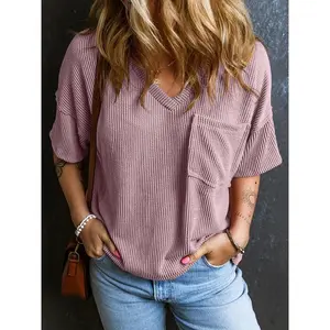 Women’s plain pocket V-neck T-shirt, summer casual off-shoulder half-sleeved T-shirt, women’s everyday wear, casual fashion top, cute top, cute top GARMENTARY