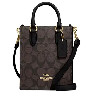 Coach North/South 14 Mini Tote Bag for Women – Classic Jacquard with Gold Logo Hardware, Coated Canvas and Leather, Black