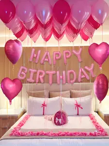 Pink Happy Birthday Letter Balloon Banner – Pink & Hot Pink Heart-Shaped Balloons with Rose Petals, Romantic Party Decor for Birthdays, Weddings, Anniversaries & Valentine’s Day