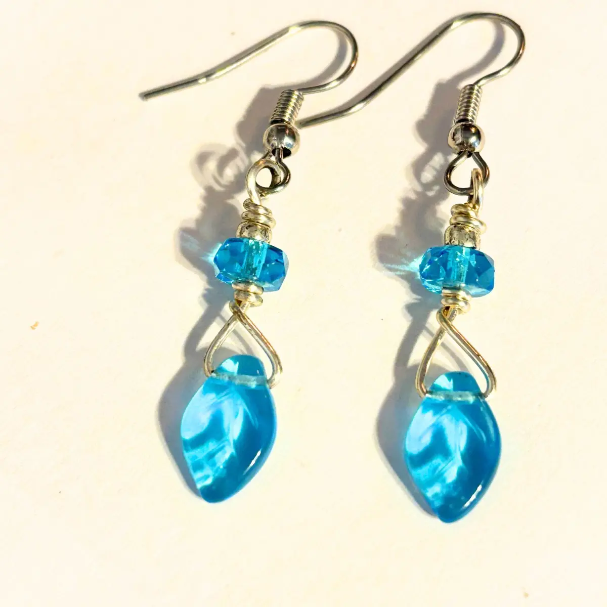 Ocean Blue Crystal Glass Drop Earrings with Silver Hooks and Wire Wrapped Design for Elegant Jewelry