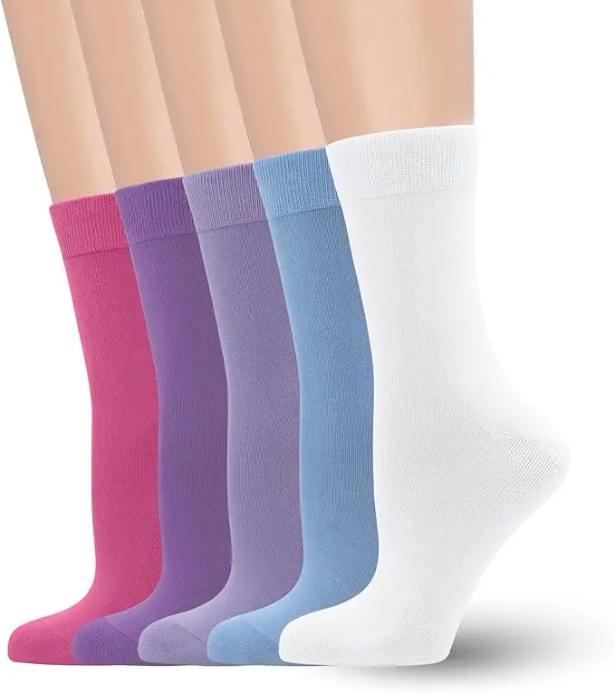 Women's Soft Thin Viscose Bamboo Crew Socks, Fit Stretchy Casual, Business, Dress Calf Sock 5 Pairs
