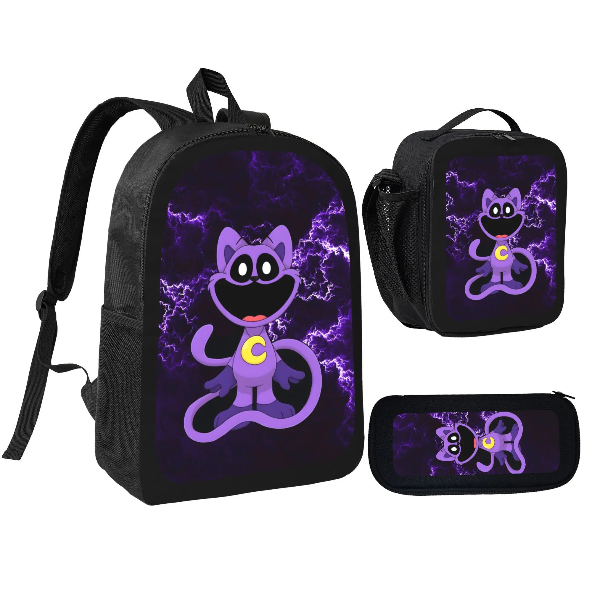 CatNap Smiling Critters Cartoon Theme 3PCS Backpack Set - Anime Pattern Lightning Purple Printing School Bag with Insulated Lunch Box & Pencil Case for Teens (Costumes & Accessories)