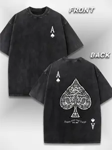 Vintage Washed Ace of Spades Poker Graphic T-Shirt, 260g 100% Cotton Breathable Oversized Front & Back Print Casual Streetwear Tee for Men & Women