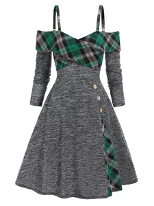 Rgothic Plaid Print Crossover Cold Shoulder Knit A Line Dress Space Dye Long Sleeve Knitted Godet Dress flowy  chiffon  dress plus size valentines day outfits