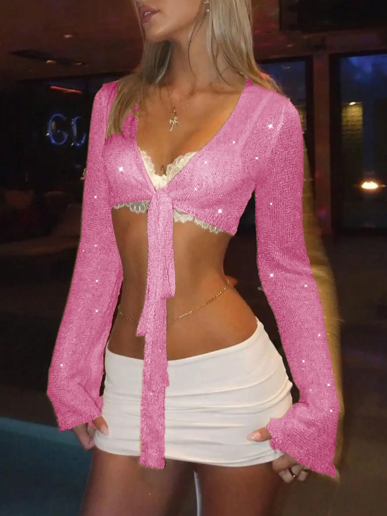 Candle Women's Casual Cute Y2K Style Sequin Shiny Knit Sweater Top Beach Cover Up Pink Aesthetic Summer Outfit Vacation Wear Party Top Going Out