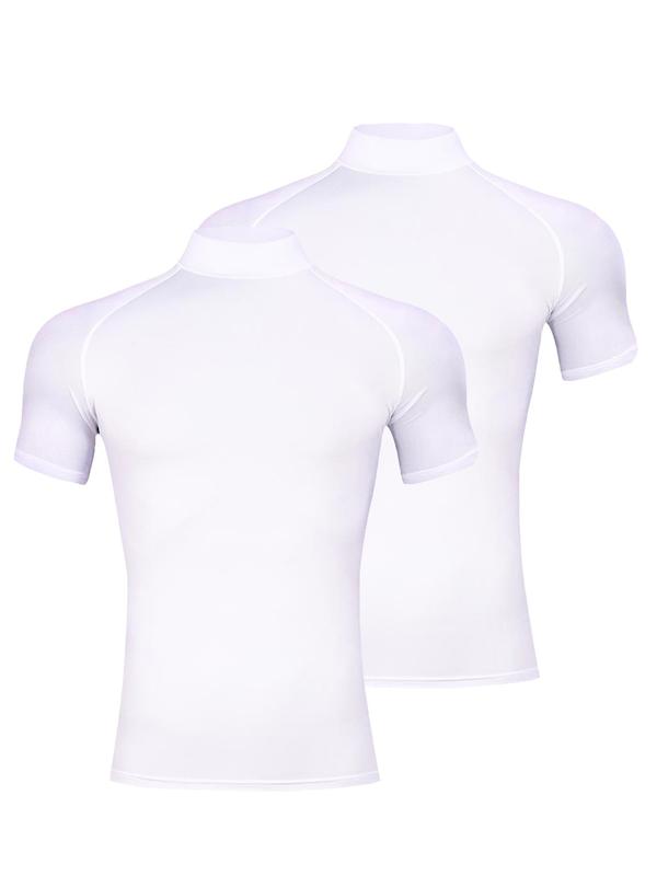 2 Pack Men’s Mock Turtleneck Compression Shirts Short Sleeve, Moisture Wicking Tights Base Layer Undershirt Sports T-Shirt, Gym Running Athletic Muscle Shirts Workout Tops, Compression Sportswear