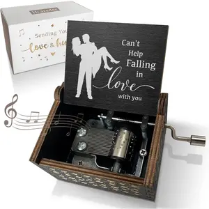 Can’t Help Falling in Love Music Box for Lover Girlfriend Boyfriend Wife Husband Hand Crank Engraved Wooden Musical Boxes Gifts for Birthday Anniversary Valentine's Day Black