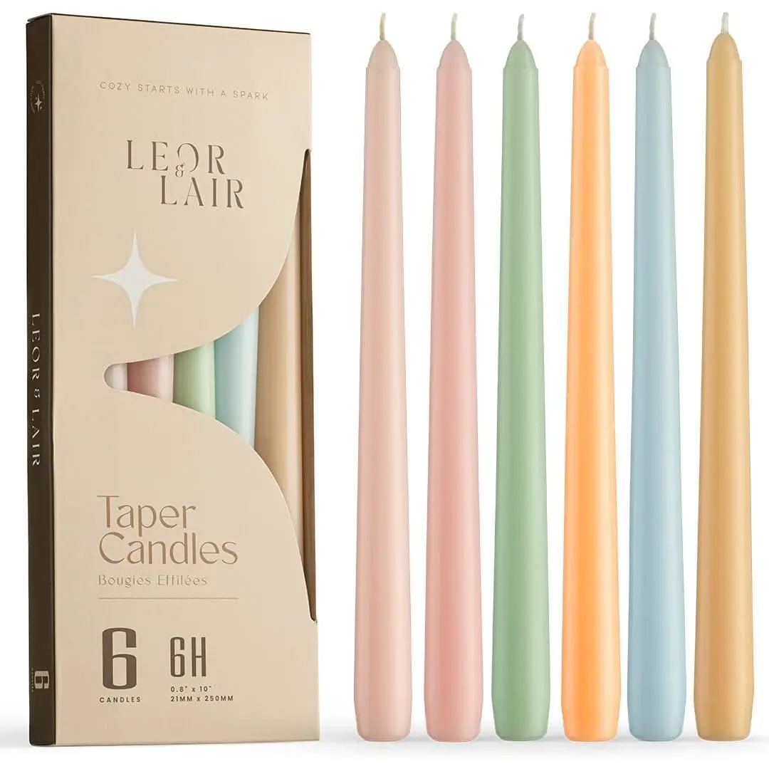 Pastel Taper Candles 6 Pack - 10" Decorative Tall Candle Sticks with 6 Hour Burn Time - Pastel Candlesticks for Easter Decorations, Wedding & Party Table Decor