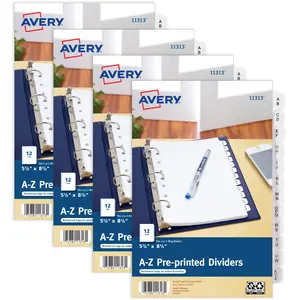 Avery A-Z Mini Dividers for 3 Ring Binders, 12 Tabs per Set, 8.5" x 5.5", Pre-printed Tabs, 4 Binder Divider Sets (43131)