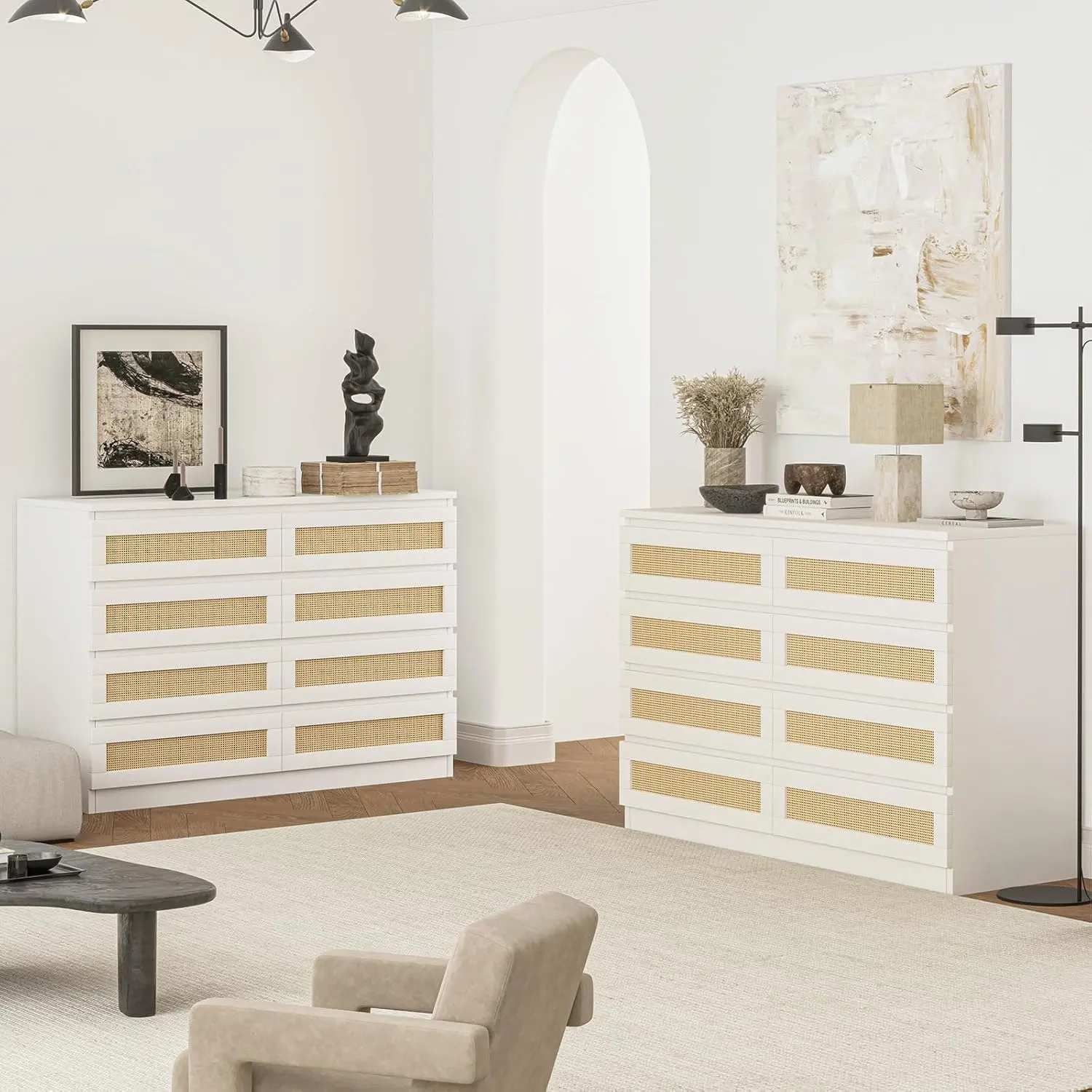 Modern Rattan 8-Drawer Dresser - Sturdy Indoor Furniture Cupboard with Wide Tabletop, Smooth Metal Anti-Tip Rails, Platform Base for Bedroom, Living Room, Modern Rattan Dresser, Sturdy Dressers