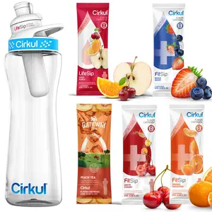 Cirkul 22oz Plastic Water Bottle with Blue Lid and 5 Flavor Cartridges (Fruit Punch & Mixed Berry & 1 Random Tea Flavor & 2 Random Fitsip Flavor)