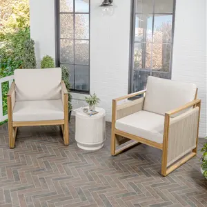 JONATHAN Y Gable Mid-Century Modern Roped Acacia Wood Outdoor Patio Chair with Cushions
