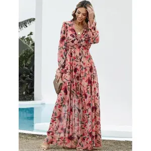 Women’s floral print chiffon vintage maxi dress with a ruffled hem and ruffled sleeves, deep V-neck long-sleeve A-line silhouette (2025), elegant vacation outfit, summer–autumn fashion, perfect for back-to-school parties and birthday celebrations