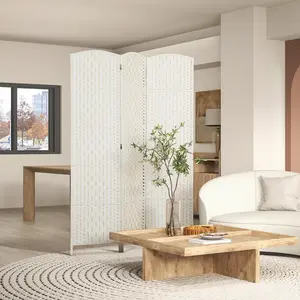 6FT Tall White Modern Weave 3-Panel Folding Room Divider Screen, Freestanding Privacy Partition for Bedroom, Portable Floor Standing Separator for Airy Home Spaces