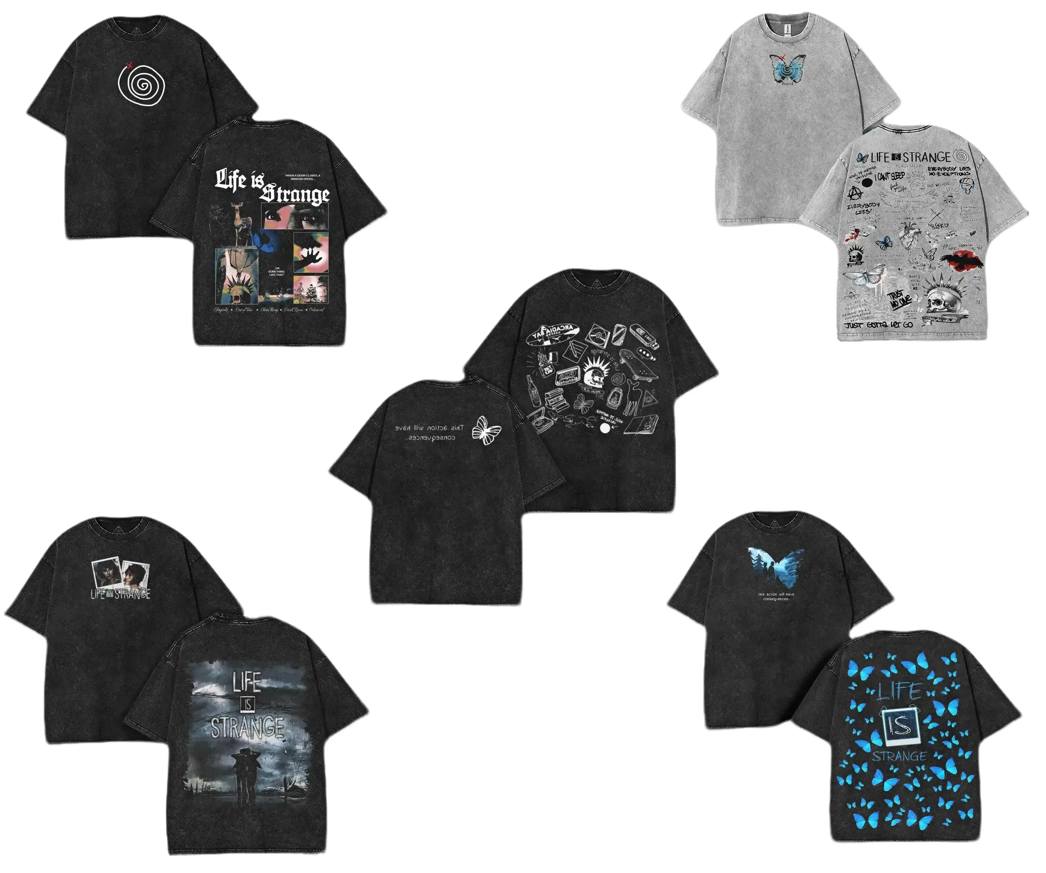 [COLLECTION] Life Is Strange Washed Cotton T-shirt 2 Sided Oversize Graphic Tee Max Chloe Blue Butterfly Indie Game Merch Unisex Vintage Streetwear Casual Top