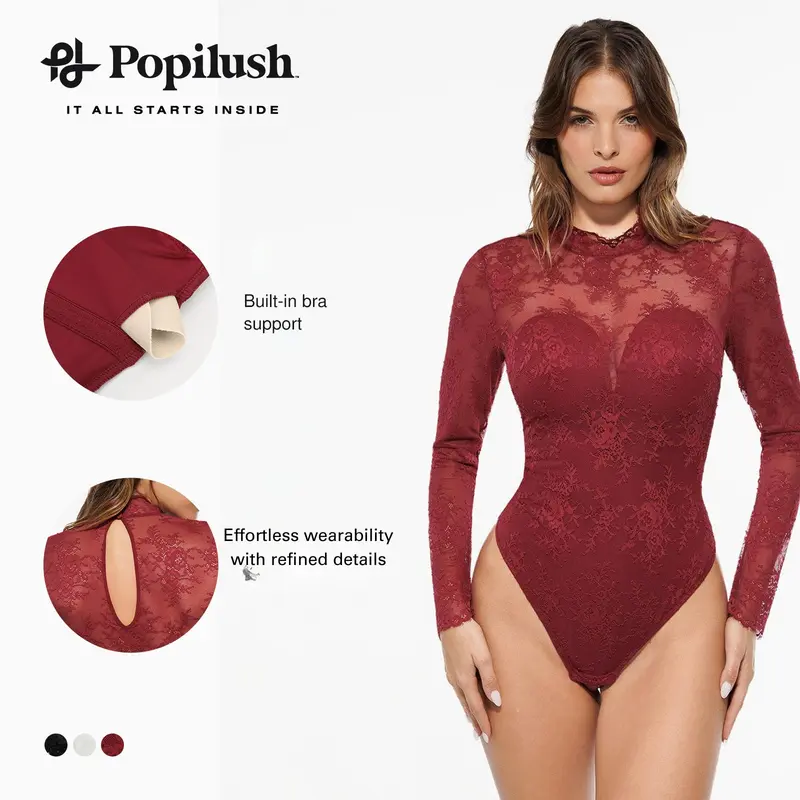 ​​Popilush Deep V-Neck Long Sleeve Bodysuit - Lace Turtleneck with Built-in Bra & Tummy Control​ Casual Womenswear Essential Breathable