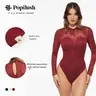 ​​Popilush Deep V-Neck Long Sleeve Bodysuit - Lace Turtleneck with Built-in Bra & Tummy Control​ Casual Womenswear Essential Breathable