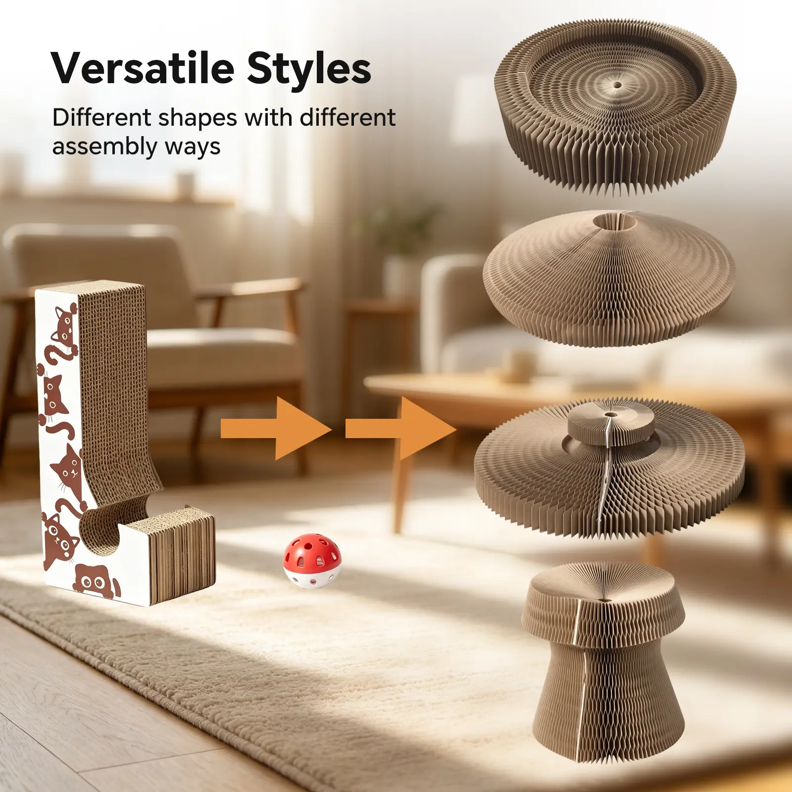 [MeynnPet] Accordion Cat Scratcher Pad - Magic-Transforming, Flexible Accordion Design, Double-Sided Usability, High-Density Corrugated Paper Non-Shedding Surface, Interactive Rolling Ball, Foldable Space-Saving Cat Toy, Claw Care & Furniture Protector, 3