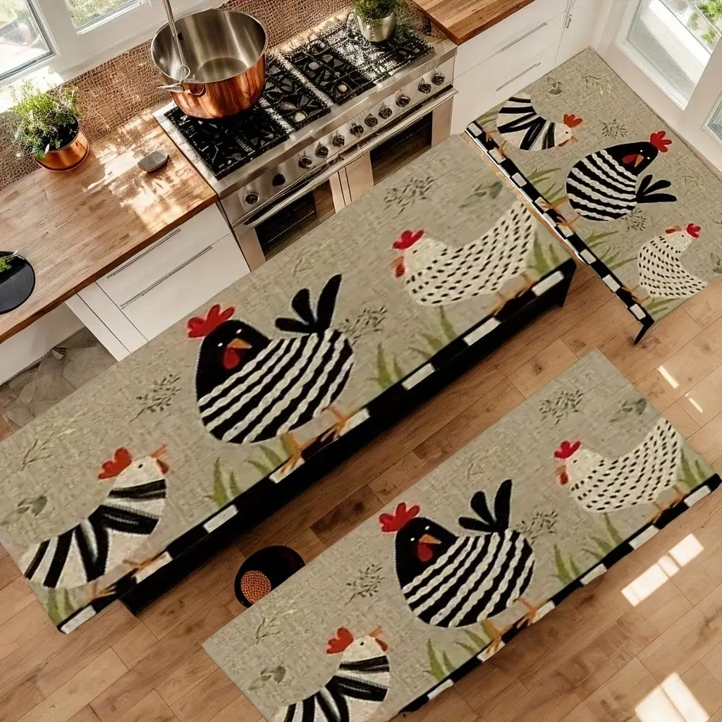 1/2/3PC Farmhouse Rooster Kitchen Rugs Set, Black & White Rooster & Chick Design, Soft Polyester Non-Slip Floor Mats, Durable Decorative Rugs for Kitchen, Bathroom, Laundry Room & Entryway,,bedroom,home,art,stair,geometric,Ult,Natural-Looking be,botanical