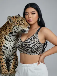 Plus Size Leopard Print Wireless Sports Bra Tank, Seamless Breathable Full Coverage, Anti-Slip Lift Support, Comfort Fit, Hand Wash, Elegant Design