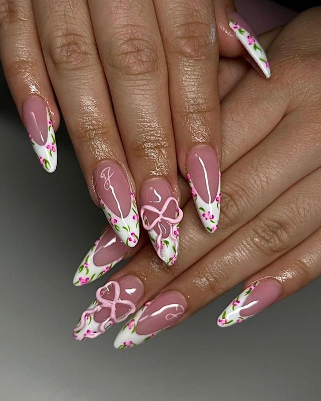 AngieNails – Cherry French Tip Press On Nails – 3D Pink Bow & Red Fruit Nail Art | Handmade Cute Summer Almond Nails for Her – AN294