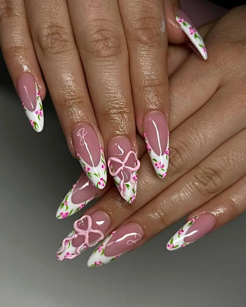 AngieNails – Cherry French Tip Press On Nails – 3D Pink Bow & Red Fruit Nail Art | Handmade Cute Summer Almond Nails for Her – AN294