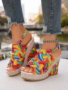 Women's Summer New Fish Mouth Platform Wedge Peep Toe Sandals, Vibrant Geometric Pattern Open Toe High Heels, Casual Vacation Style Shoes