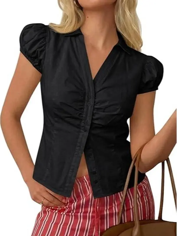 Viral Puff Sleeve Blouse - Short Sleeve Button Down with V Neck & Ruched Detail | TikTok Summer Top