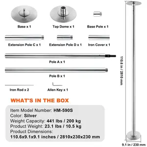 VEVOR Professional Dancing Pole, Spinning Static Dancing Pole Kit, Portable Removable Pole, 45mm Heavy-Duty Stainless Steel Pole, Height Adjustable Fitness Pole, for Exercise Home Club Gym, Silver