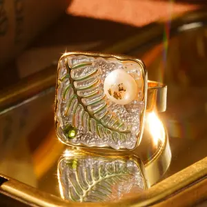 French Vintage Hand-Carved Enamel Baroque Pearl Ring | Retro French Chic Jewelry