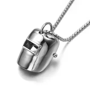 Hiphop Classic Stainless Steel Welder Mask Pendant Necklace 24in Chain for Welding Artisan Fashion Jewelry Gold Tone Finish
