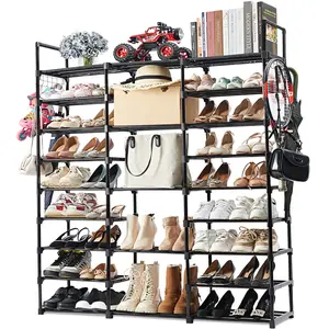 9 Tiers Large Shoe Rack Storage Organizer for Closet 50-55 Pairs Shoe Tower Unit Shelf Stackable Shoe Rack with Metal Pipes Plastic Connectors Black