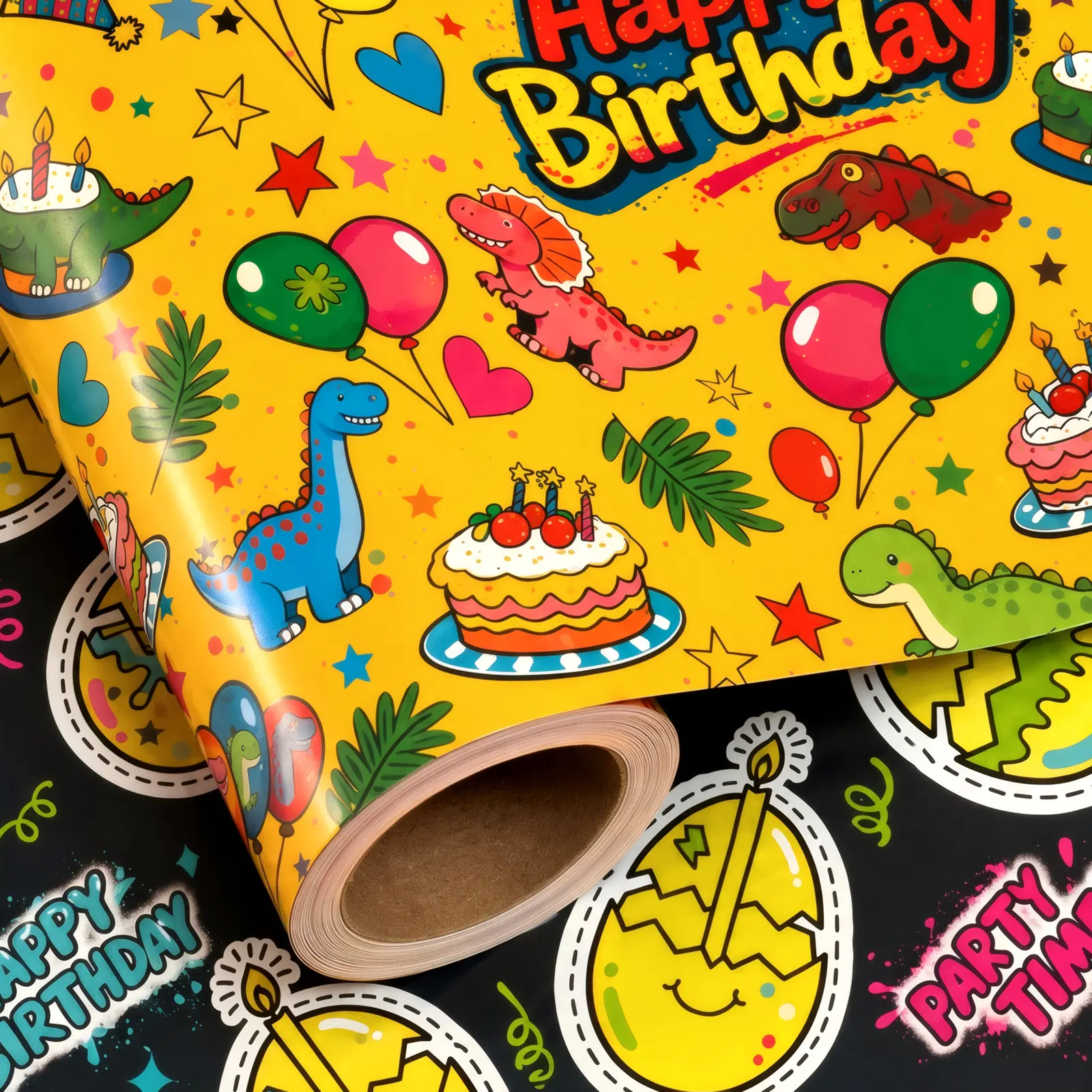 LOVRYHOLIX Dinosaur Birthday Wrapping Paper Rolls Happy Kids Boy Girl Men Cute Reversible First Thick Gift Wrap Sheets Unique Fancy Heavy Duty Total 28.5sq.ft