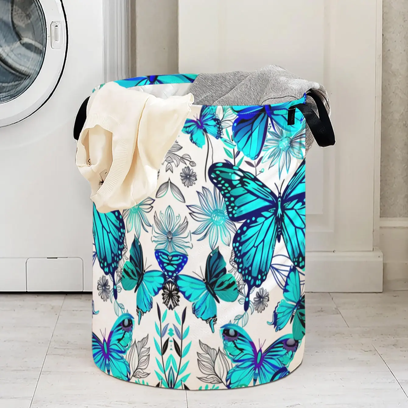Butterfly Print Laundry Basket with Handle, Durable Foldable Clothes Storage Bin, Large Capacity Toy Organizer for Home Use
