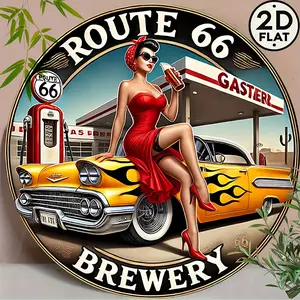 Vintage 8x8 Round Metal Wall Tin Sign - Classic American Style Route 66 Beer Art Decor with Retro Car, Gas Station & Pin-Up Girl, Perfect for Home, Bar, Cafe, Indoor/Outdoor Use, Vintage Metal Tin Sign, 2D Flat, Perfect for Room Decor