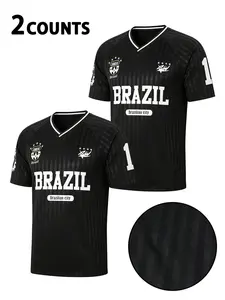 Men's Brazil Theme Sports T-Shirt Set, Striped Football Jersey with Brazilian Logo, Casual Sportswear for Soccer Fans, Soccer Jerseys Set, Sports Tops