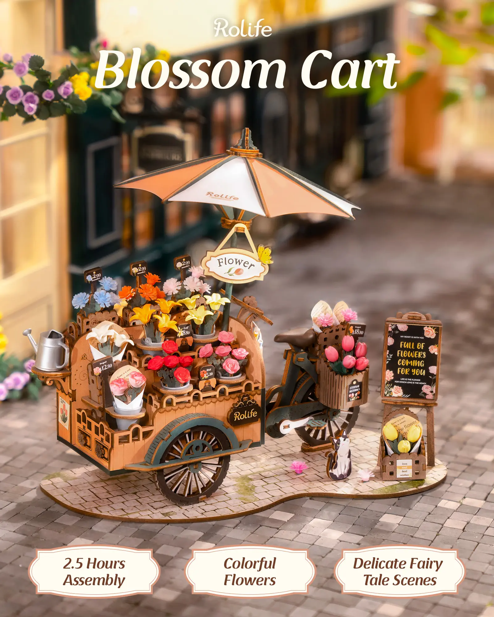 Rolife Flower Cart 3D Wooden Puzzle - DIY Kit, 3D Buildings & Wooden Buildings Model, Adult Collectible Handcraft Desk Decor for Family