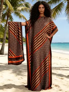 1 Robe+1 Scarf, Tunic Dress, Deep Brown Geometric Floral Printed Robe Dress Set Large Ship Collar Loose Flesh Covering Long Dress Muslim Vacation/Daily Flesh Covering and Slimming Two Piece Set