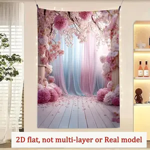 1PC,2D Flat Romantic Sakura Pink Blue Curtain Wooden Floor Backdrop, Festival Decoration Background Cloth for Photography, Birthday Party, Wedding & Event, 2D Flat Photo Booth Backdrop for Shooting