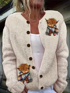 Women's Fall Winter New Arrival Cow Print Breathable Elegant Fashion Retro Pattern Round Neck Cardigan, Soft and Stylish