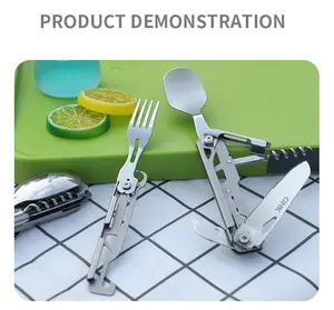 Outdoor camping tableware stainless steel multifunctional folding spoon combination bottle opener disassembly small knife fork portable set