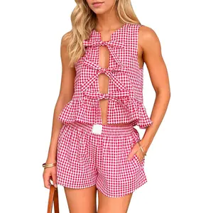 Women's Two Piece Outfit Gingham Tie Up Front Tank Tops and Wide Leg Short Set 2 Piece Pajama Sets with Pockets