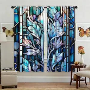 2pcs Blue Leaf Pattern Curtains with Art Texture Print, Easy Clean Polyester Blackout Material for Living Room & Vintage Decor, Window Curtain