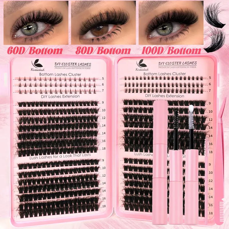 598 PCS 5D DIY Eyelash Extension Kit - Makeup Set with 9mm-18mm D Curl Cluster Lashes, 5mm-7mm Bottom Lashes, Glue, Tweezers, Brush, Storage Book for Daily, Party Use