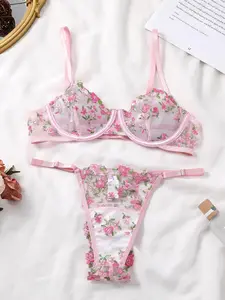 Women's Floral Embroidery Sheer Lace Lingerie Two-Piece Set, Sexy Comfort Push Up Bra & Panty Set for Daily Wear, Women Sexy Lingeries & Costumes