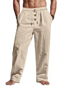 Men's Solid Button Design Linen Pants, Casual Comfy Breathable Trousers for Beach Vacation Holiday, Men's Bottoms for Summer