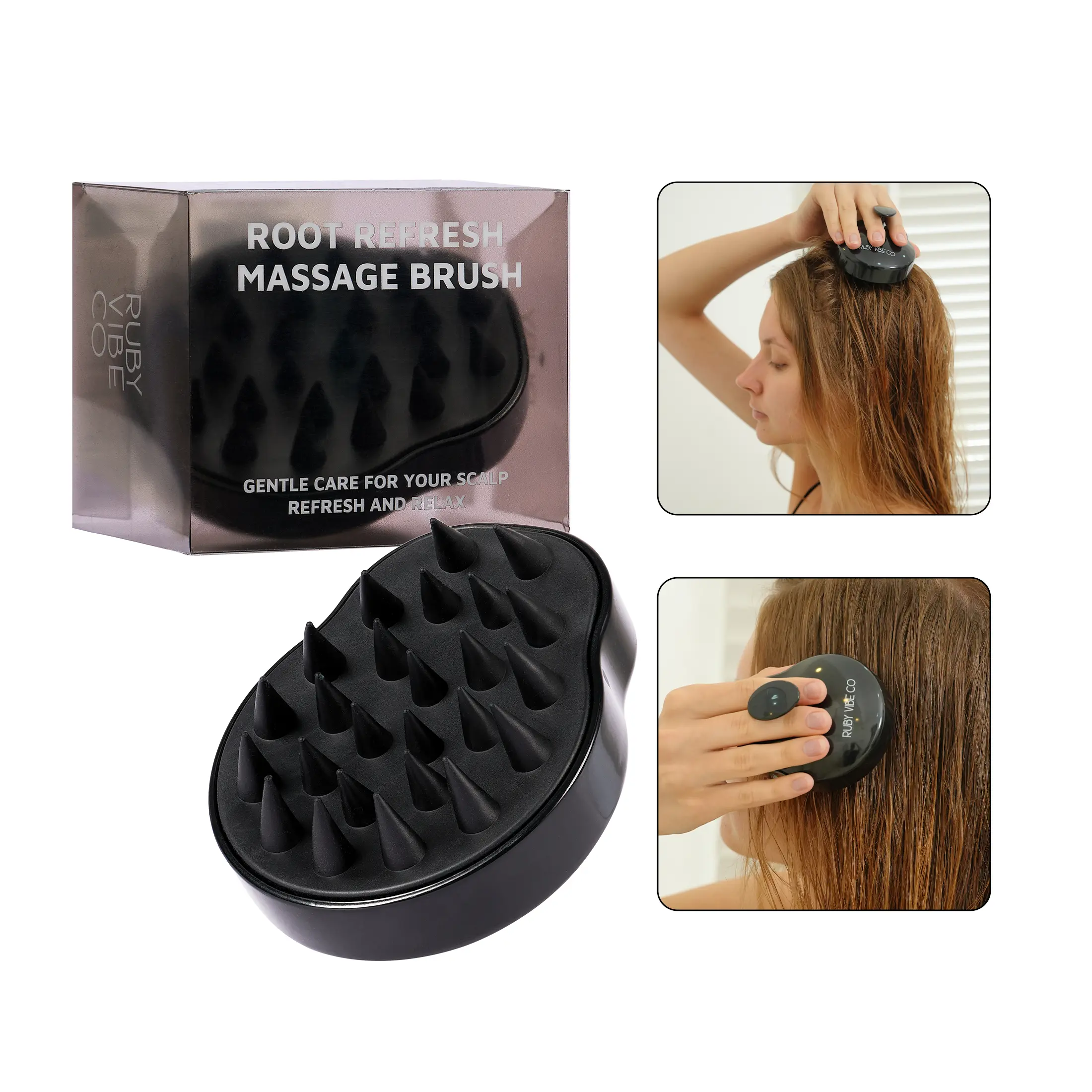 [RUBY VIBE CO] Root Refresh Scalp Massage Brush Soft Silicone Shampoo Brush for Deep Clean Dandruff Care Gourd-Shaped Handle Dual-Use Design