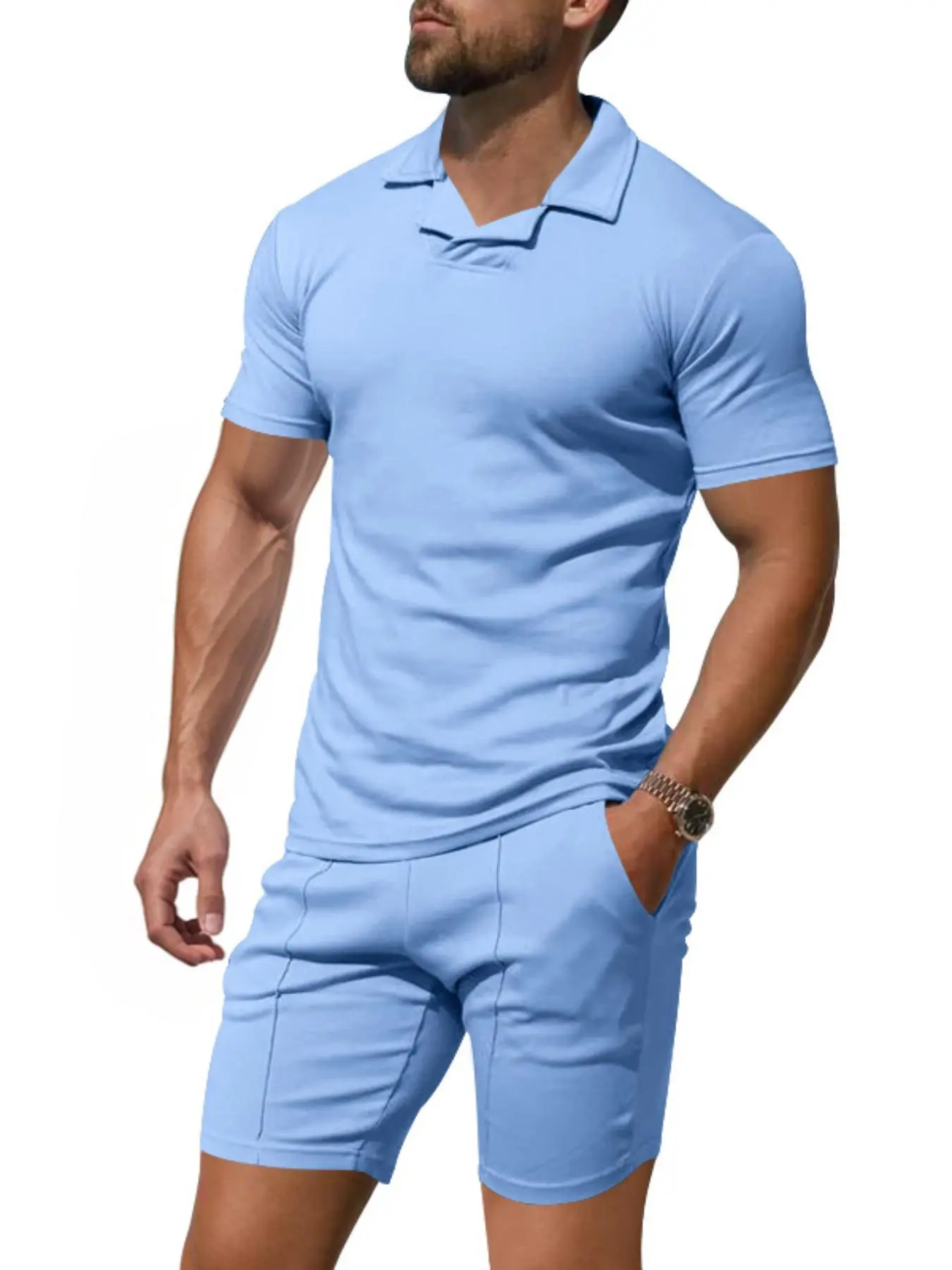 Men's Solid Color Sportswear Set, Casual Athletic Clothing, Casual Breathable Quick Drying Short Sleeve Polo Shirt & Pocket Drawstring Waist Track Shorts, Men's Summer Outfits Set for Outdoor Sports Summer Clothes, Athleisure Activewear Clothing